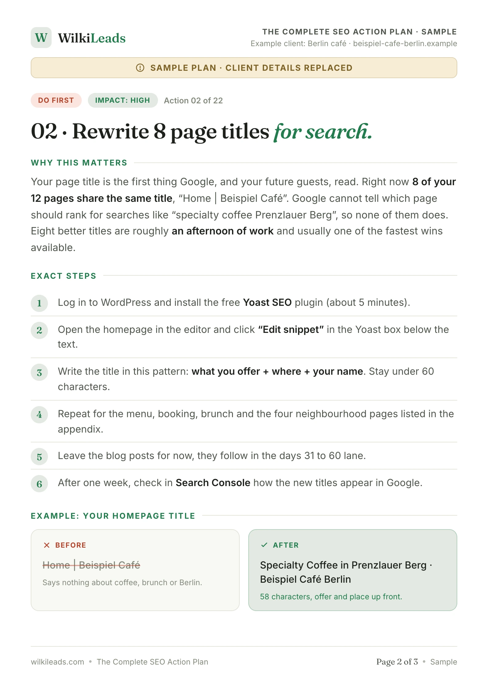 Sample plan page 2: one action explained step by step