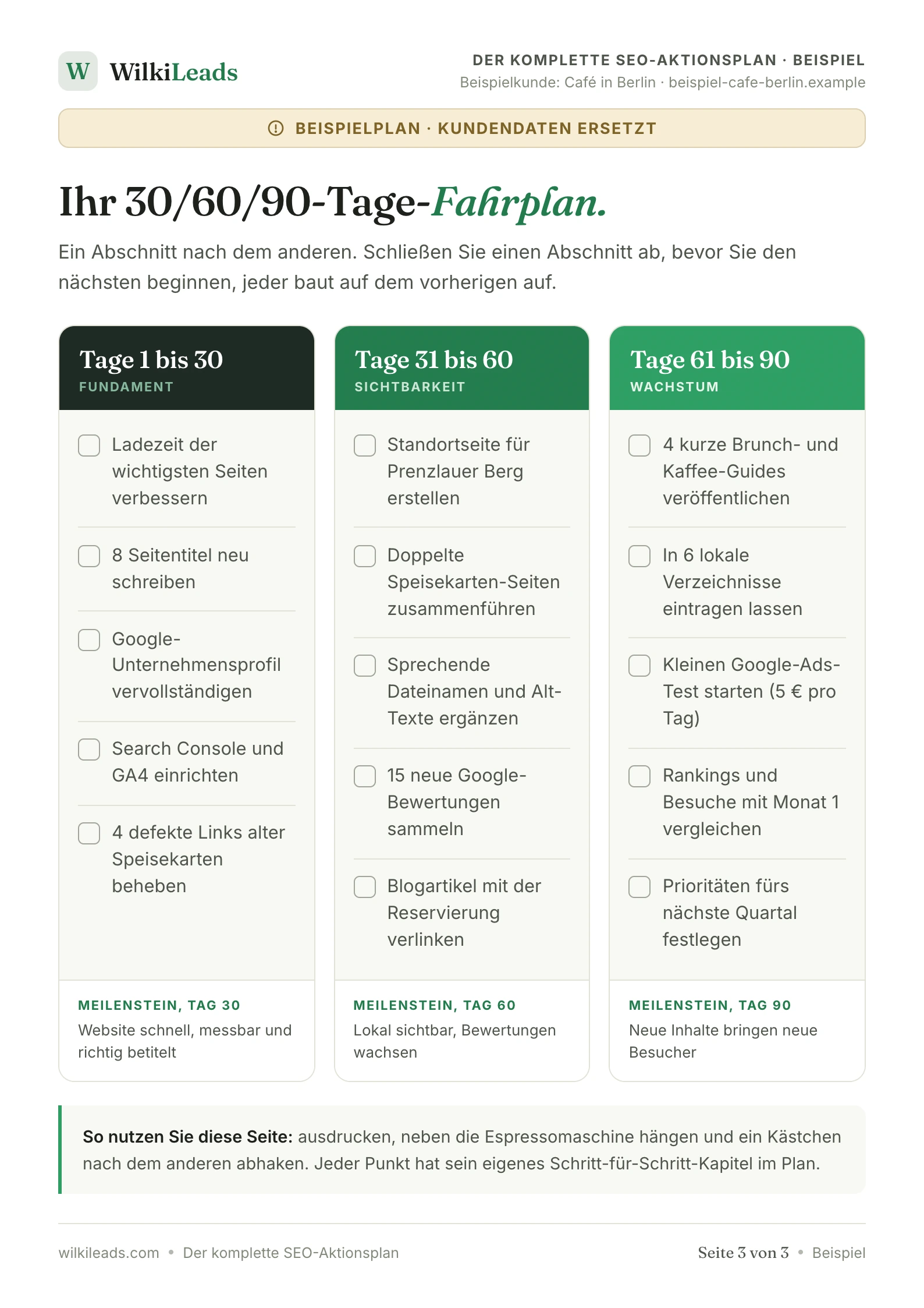 Beispielplan Seite 3: Fahrplan für 30, 60 und 90 Tage