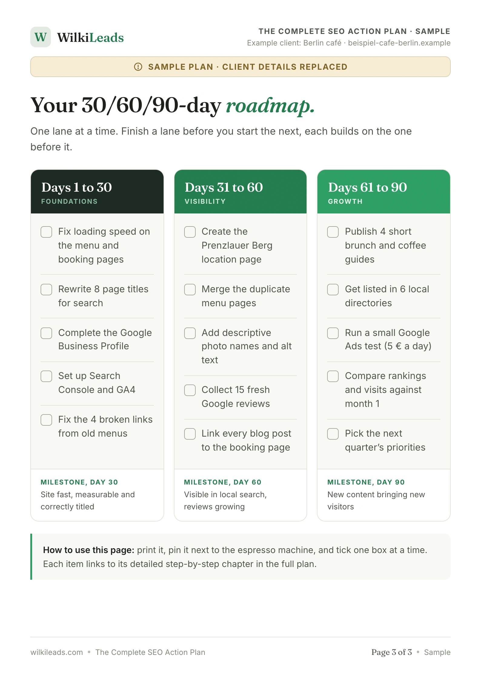 Sample plan page 3: 30, 60 and 90 day roadmap