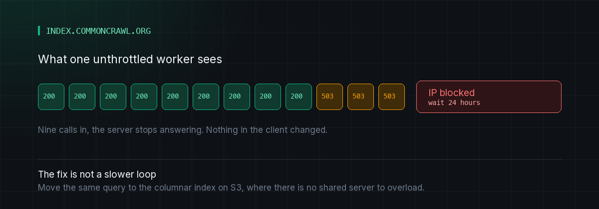 Nine successful requests to the Common Crawl CDX API, then three 503 responses, then a 24 hour IP block.
