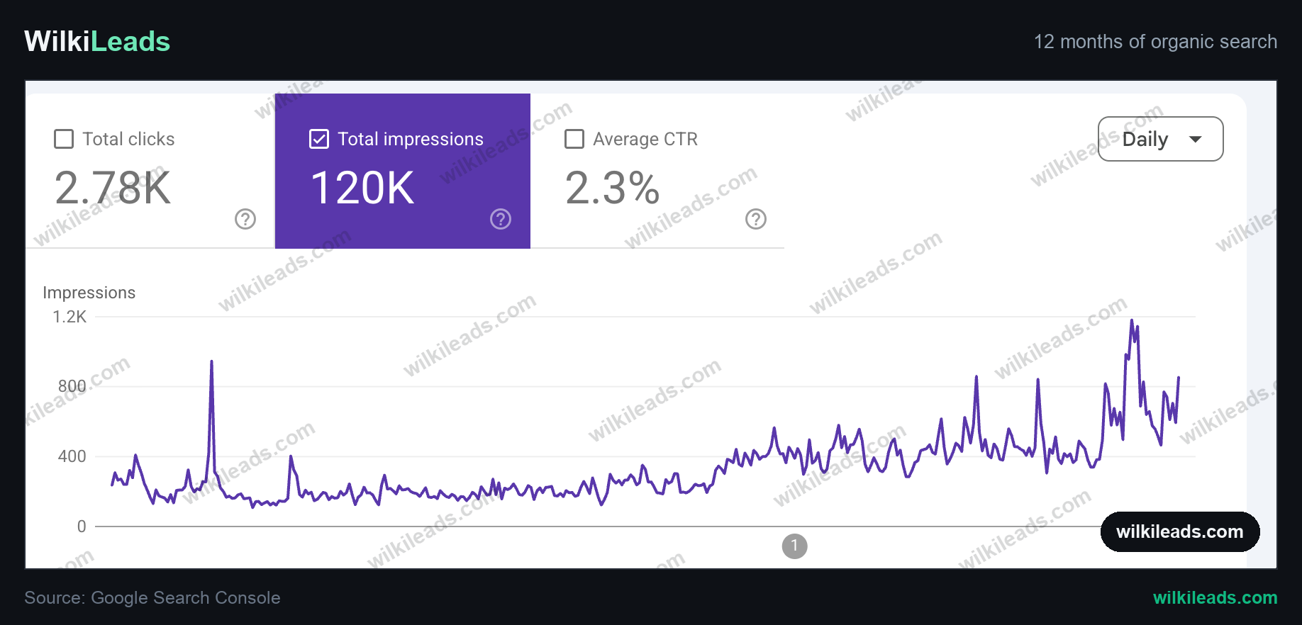Google Search Console 12-month performance chart for a client site