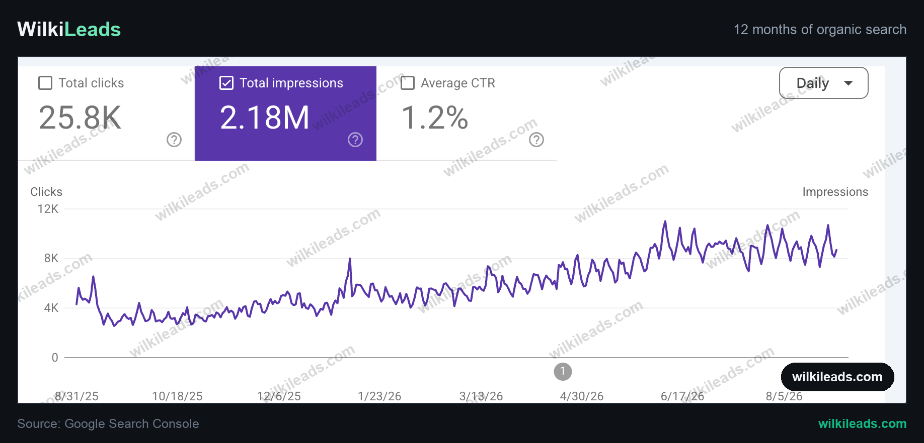 Google Search Console 12-month performance chart for a client site