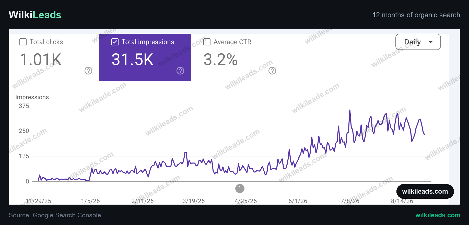 Google Search Console 12-month performance chart for a client site